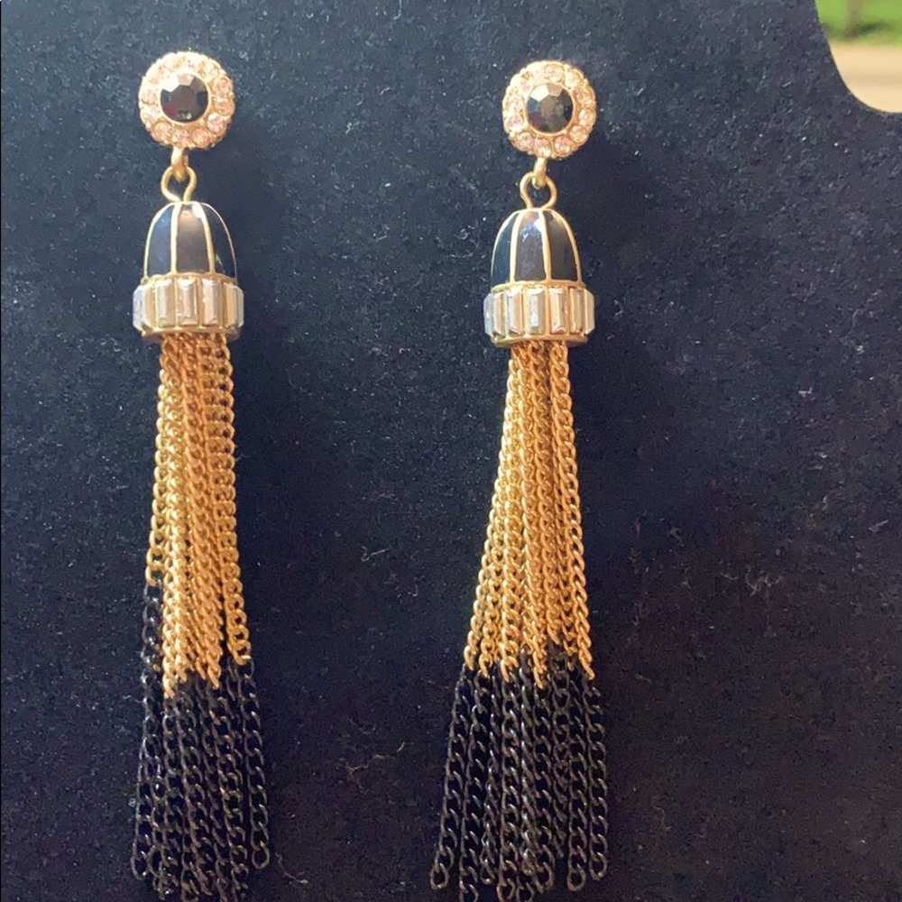 Gold and black chain tassel rhinestone earrings.